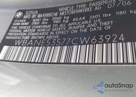 2007 BMW 525I z USA, uszkodzony, nr VIN WBANE53577CW63924